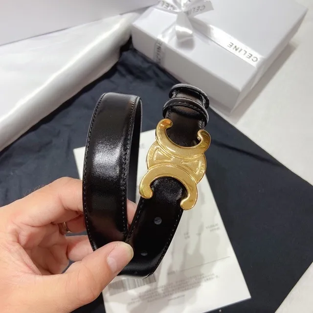 Celine Triomphe Black Gold Glossy Buckle Leather Belt 9