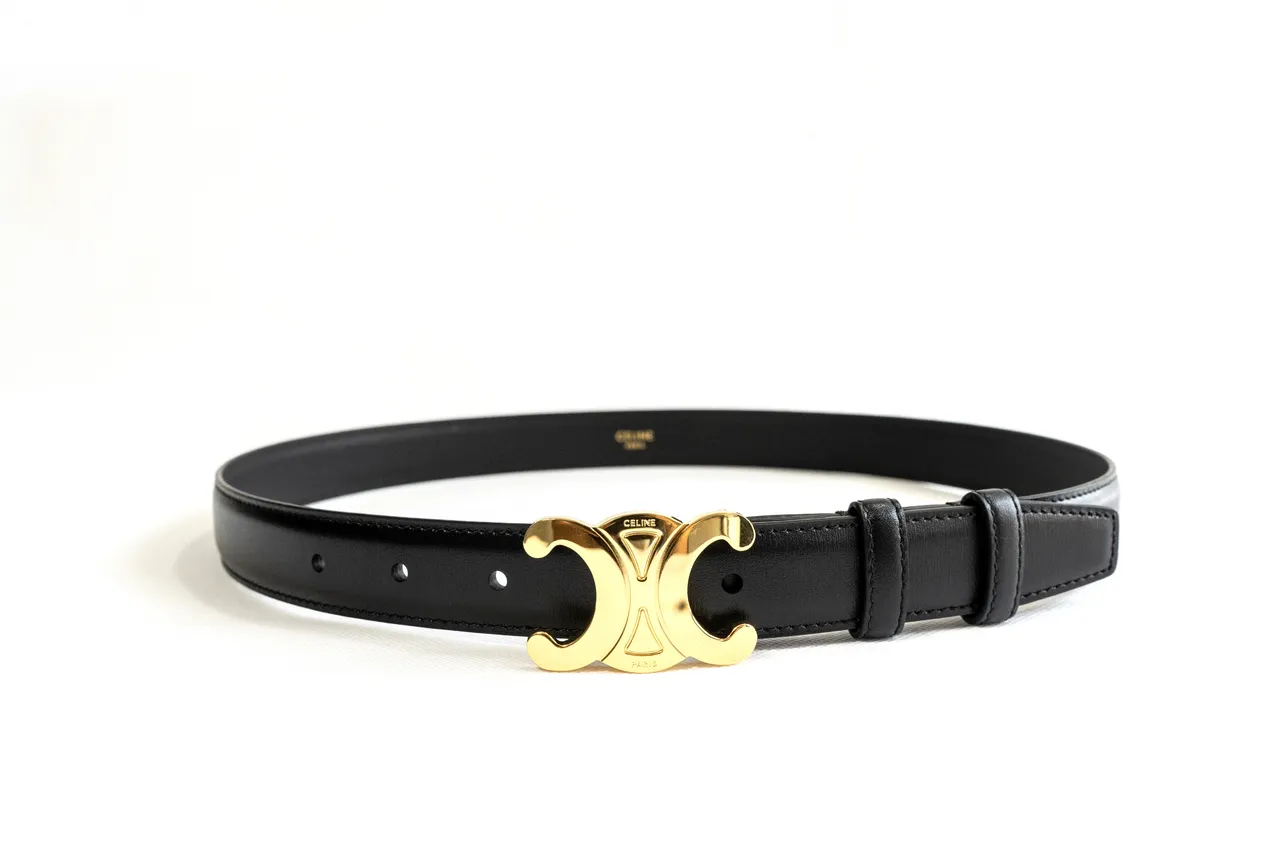 Celine Triomphe Black Gold Smooth Polished Buckle Leather Belt 2