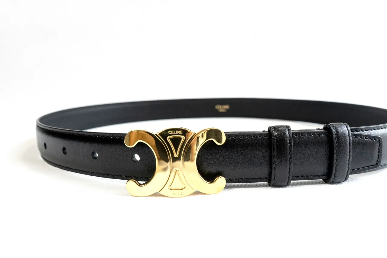 Celine Triomphe Black Gold Smooth Polished Buckle Leather Belt 5