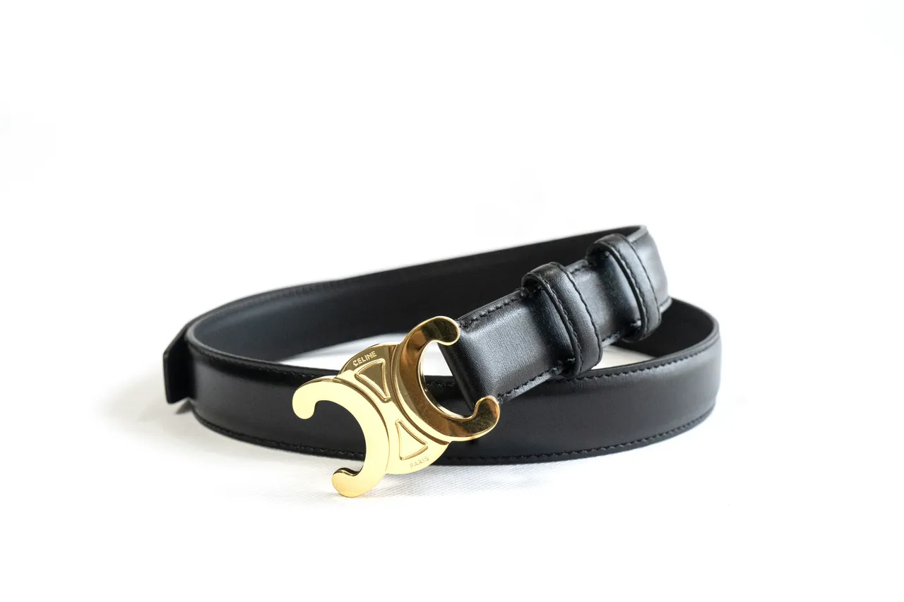 Celine Triomphe Black Gold Smooth Polished Buckle Leather Belt 6