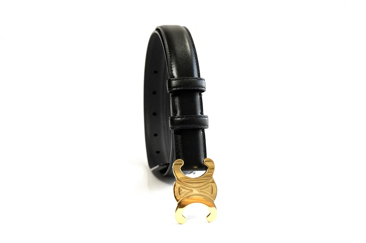 Celine Triomphe Black Gold Smooth Polished Buckle Leather Belt 9