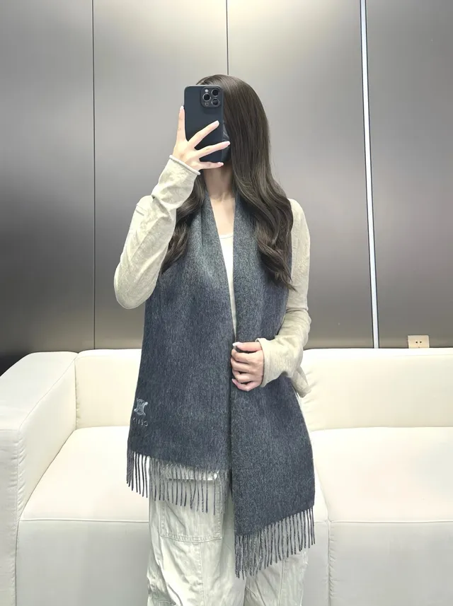 Céline Triomphe Embroidered Gray Cashmere Scarf 2