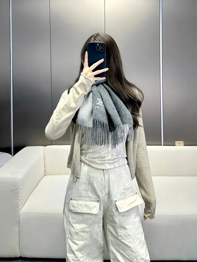 Céline Triomphe Embroidered Gray Cashmere Scarf 3