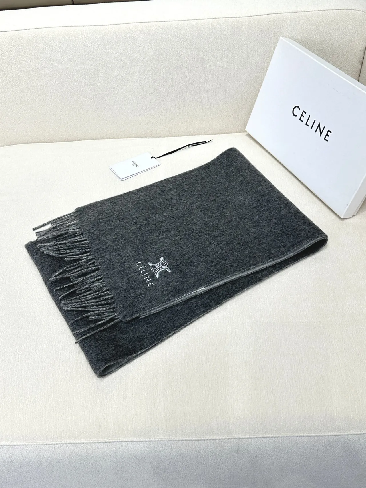 Céline Triomphe Embroidered Gray Cashmere Scarf 6