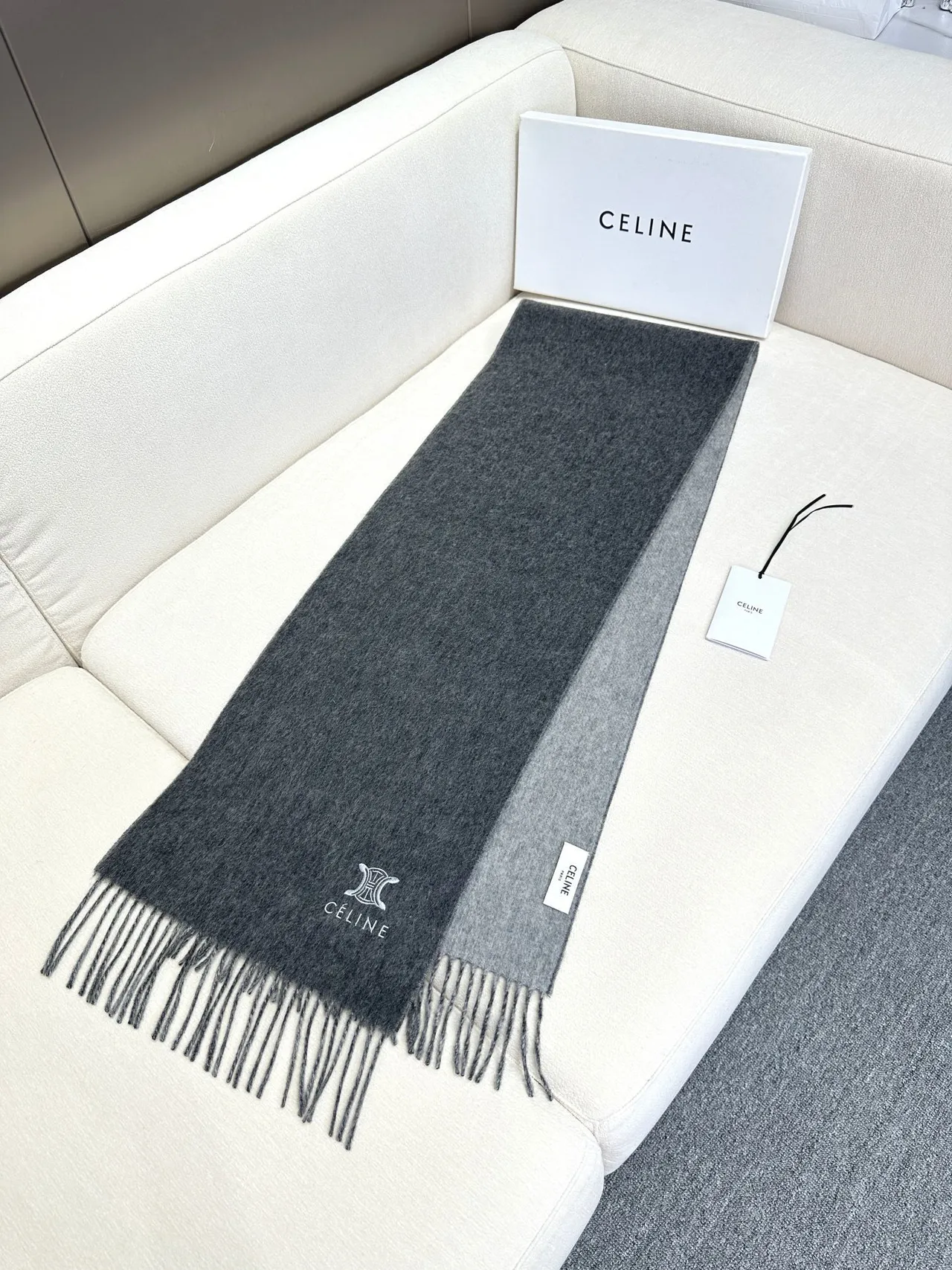 Céline Triomphe Embroidered Gray Cashmere Scarf 7