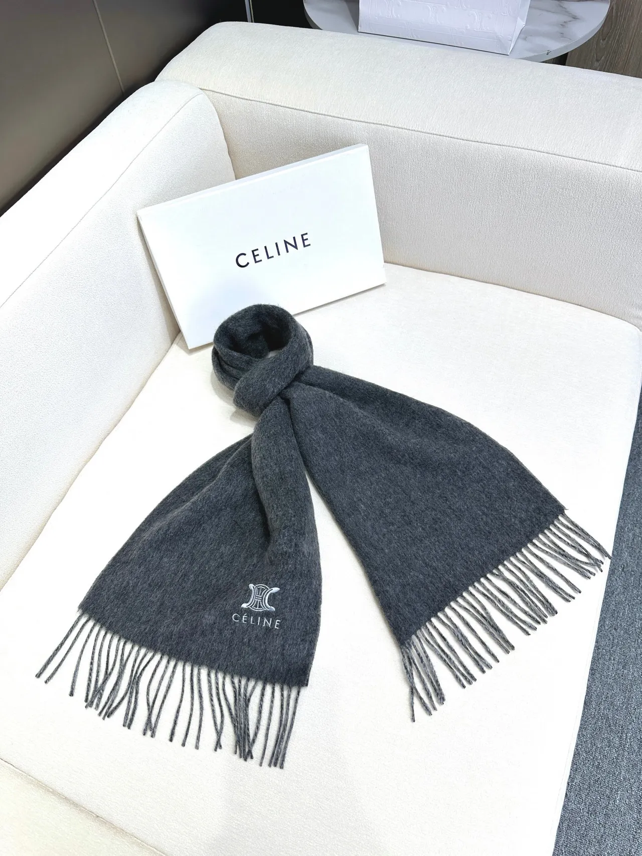 Céline Triomphe Embroidered Gray Cashmere Scarf 8