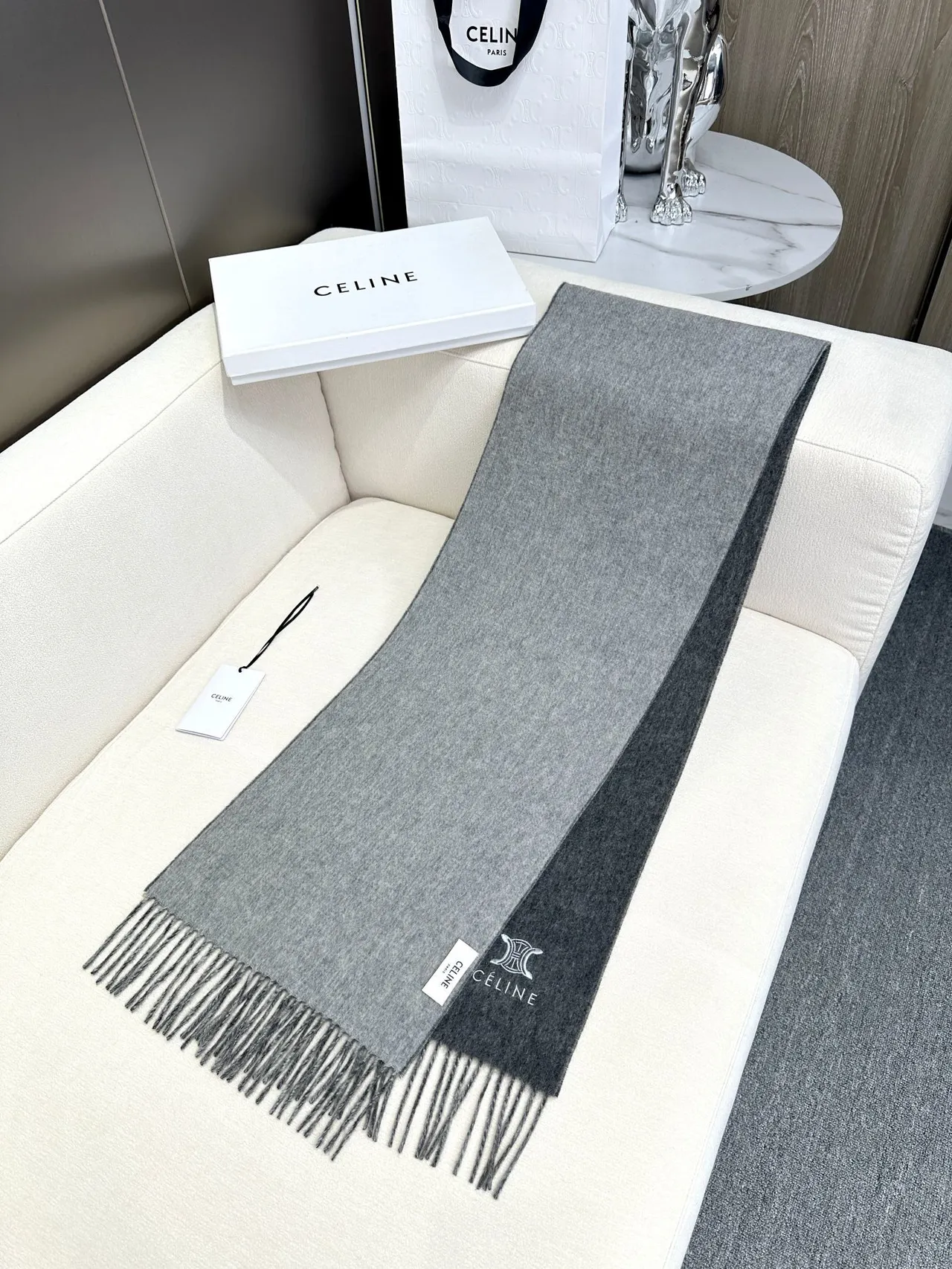 Céline Triomphe Embroidered Gray Cashmere Scarf 9