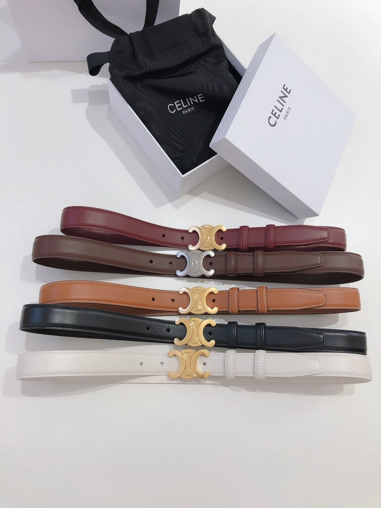 Celine Triomphe White Gold Smooth Buckle Leather Belt 2
