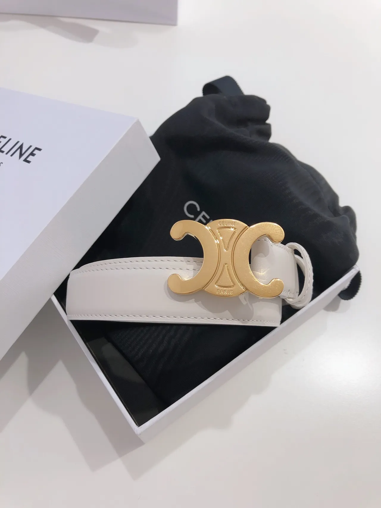 Celine Triomphe White Gold Smooth Buckle Leather Belt 3