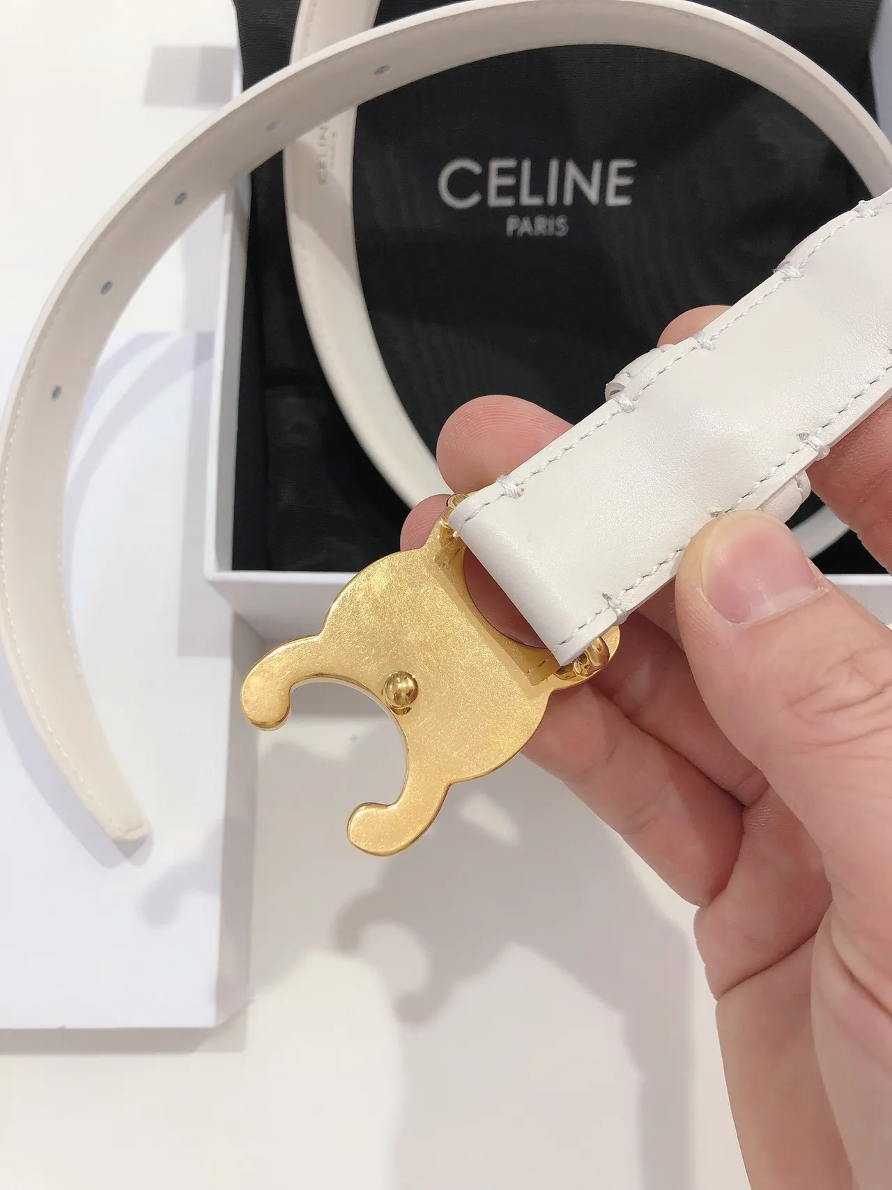 Celine Triomphe White Gold Smooth Buckle Leather Belt 4