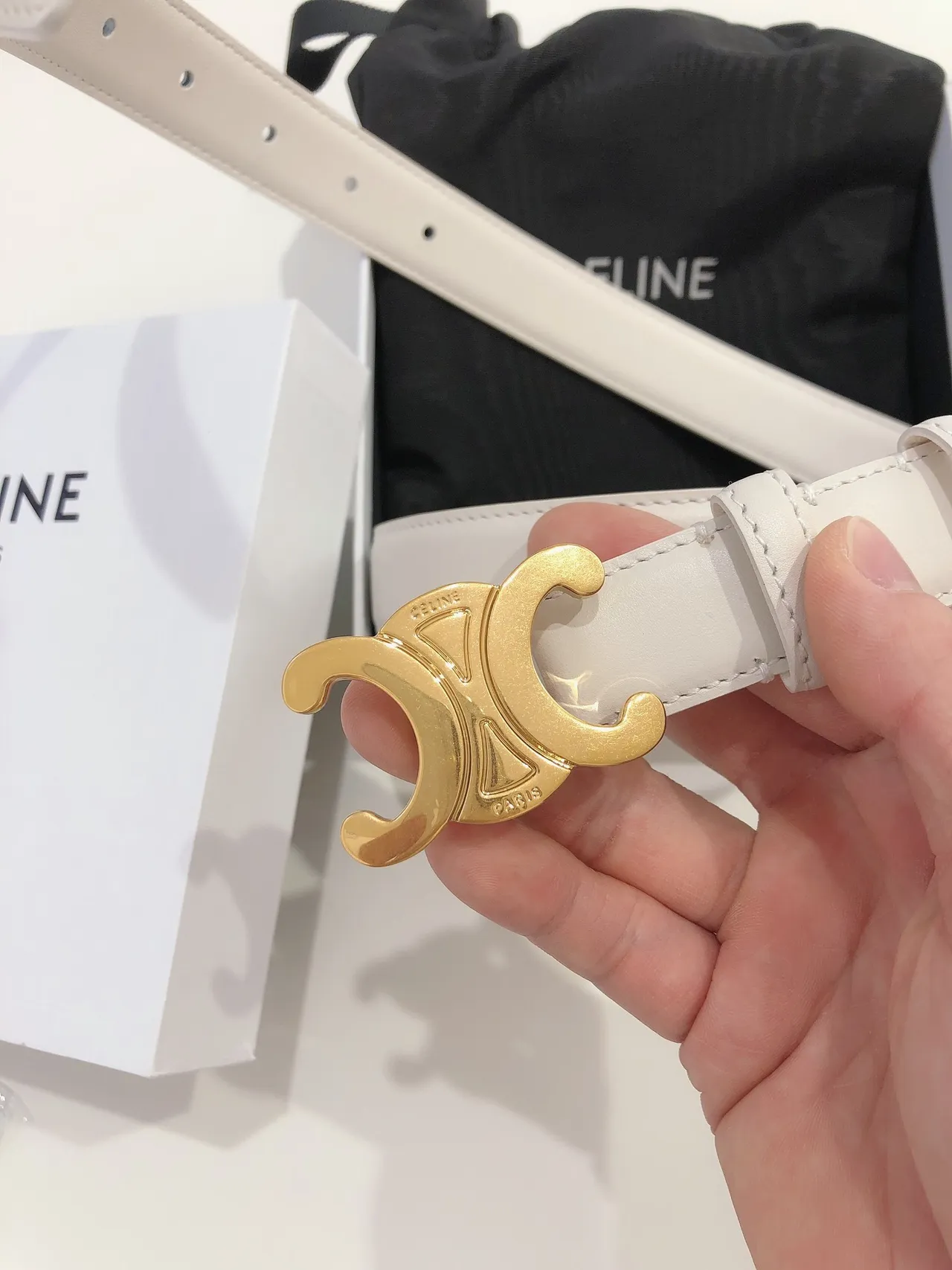 Celine Triomphe White Gold Smooth Buckle Leather Belt 5