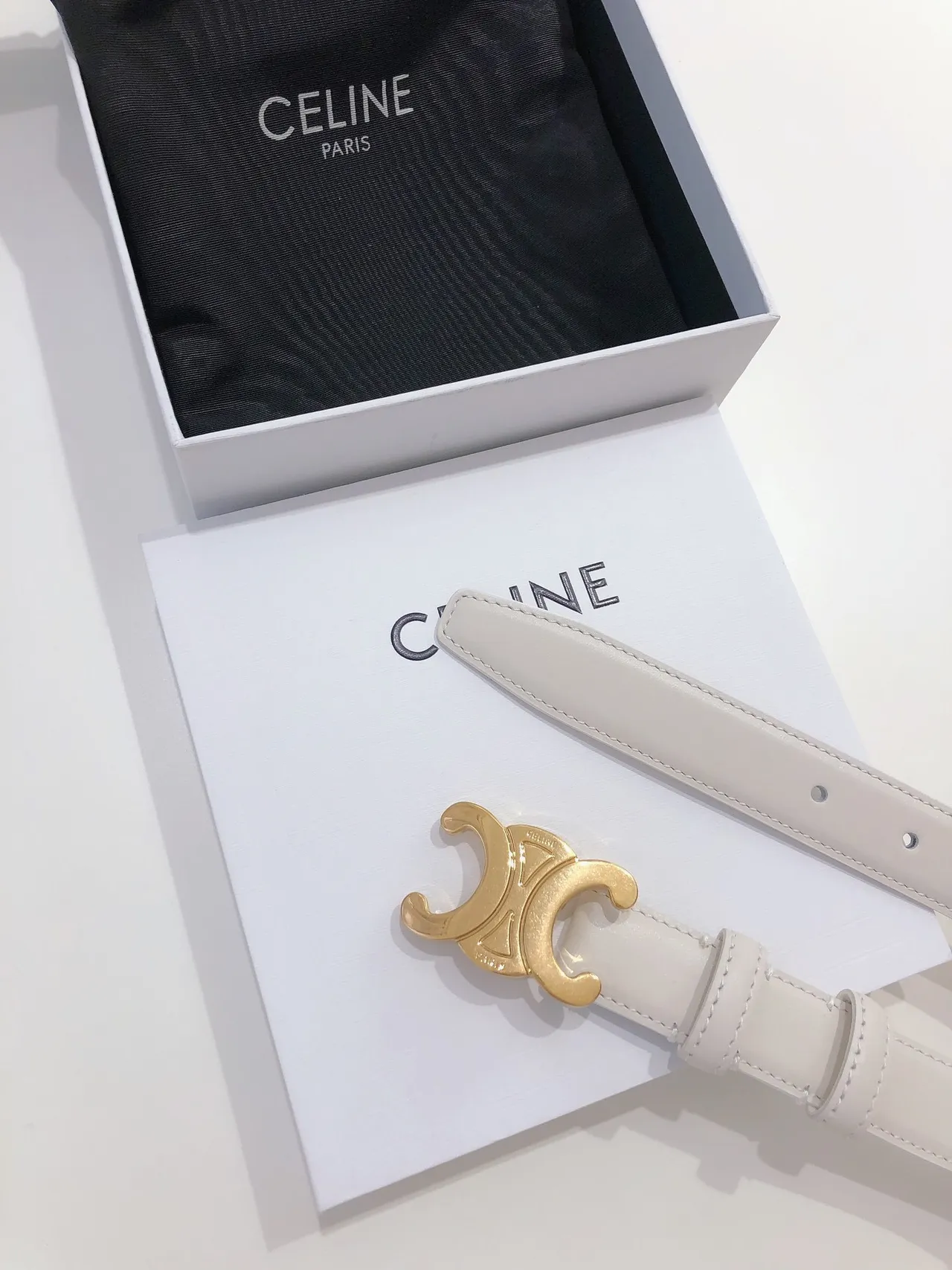 Celine Triomphe White Gold Smooth Buckle Leather Belt 7