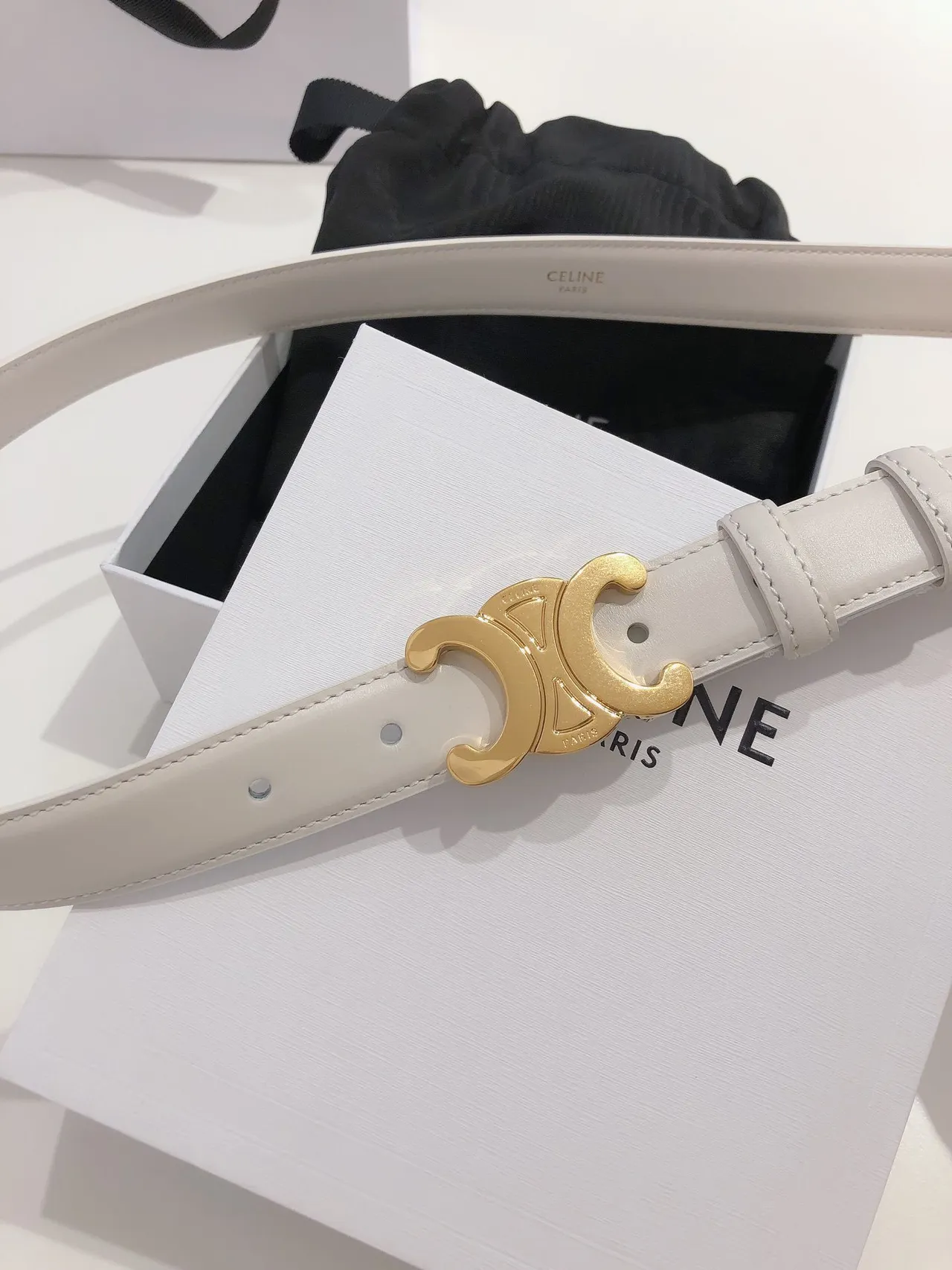 Celine Triomphe White Gold Smooth Buckle Leather Belt 9