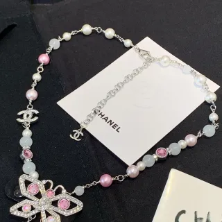 Chanel Beaded Pearl and Pink Stone Butterfly Pendant Necklace