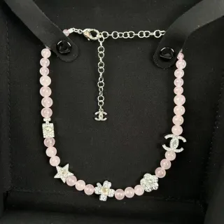 Chanel Beaded Rose Quartz Crystal Logo Charm Necklace