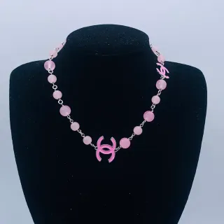 Chanel Beaded Rose Quartz Enamel CC Necklace