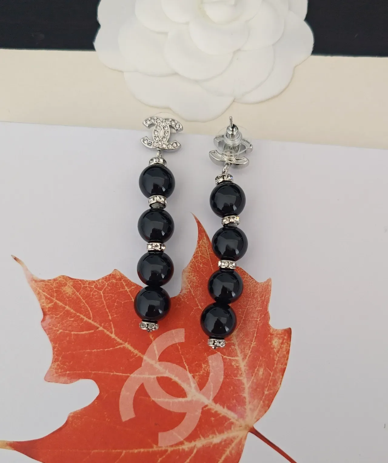 Chanel Black Silver Drop Beaded Earrings 2