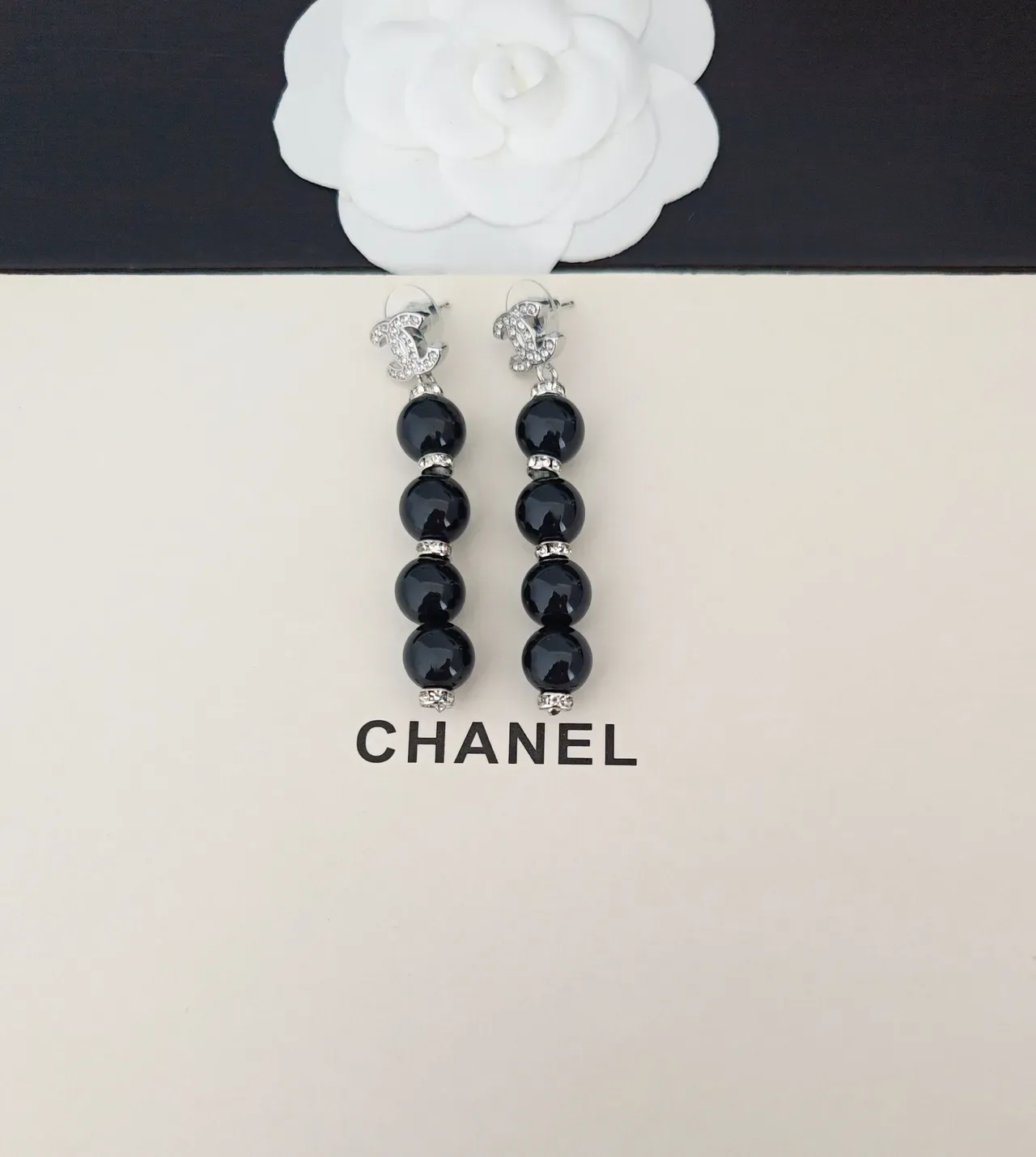 Chanel Black Silver Drop Beaded Earrings 3