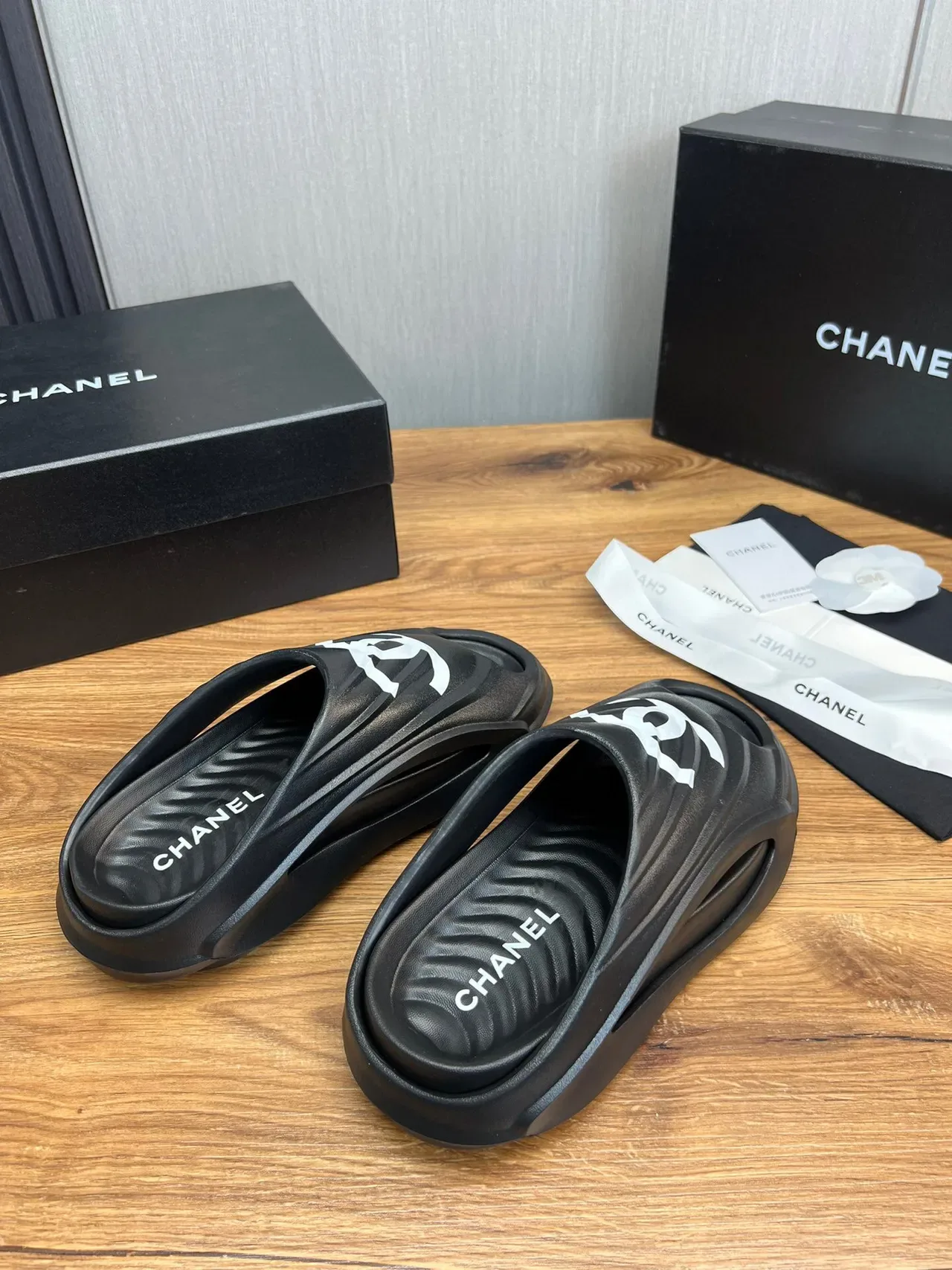 Chanel Black White Molded Rubber Logo-Accented Slippers 6