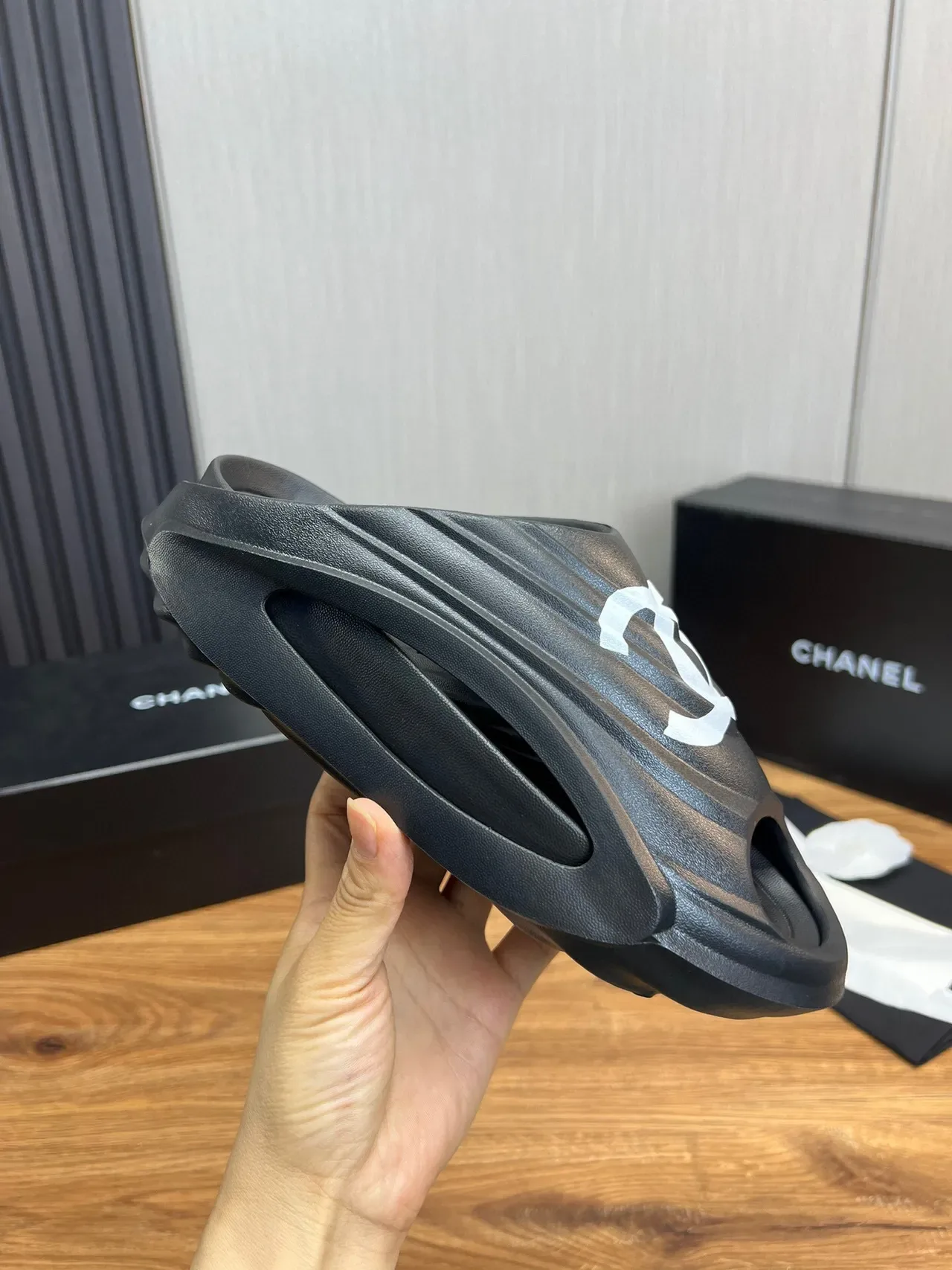 Chanel Black White Molded Rubber Logo-Accented Slippers 7
