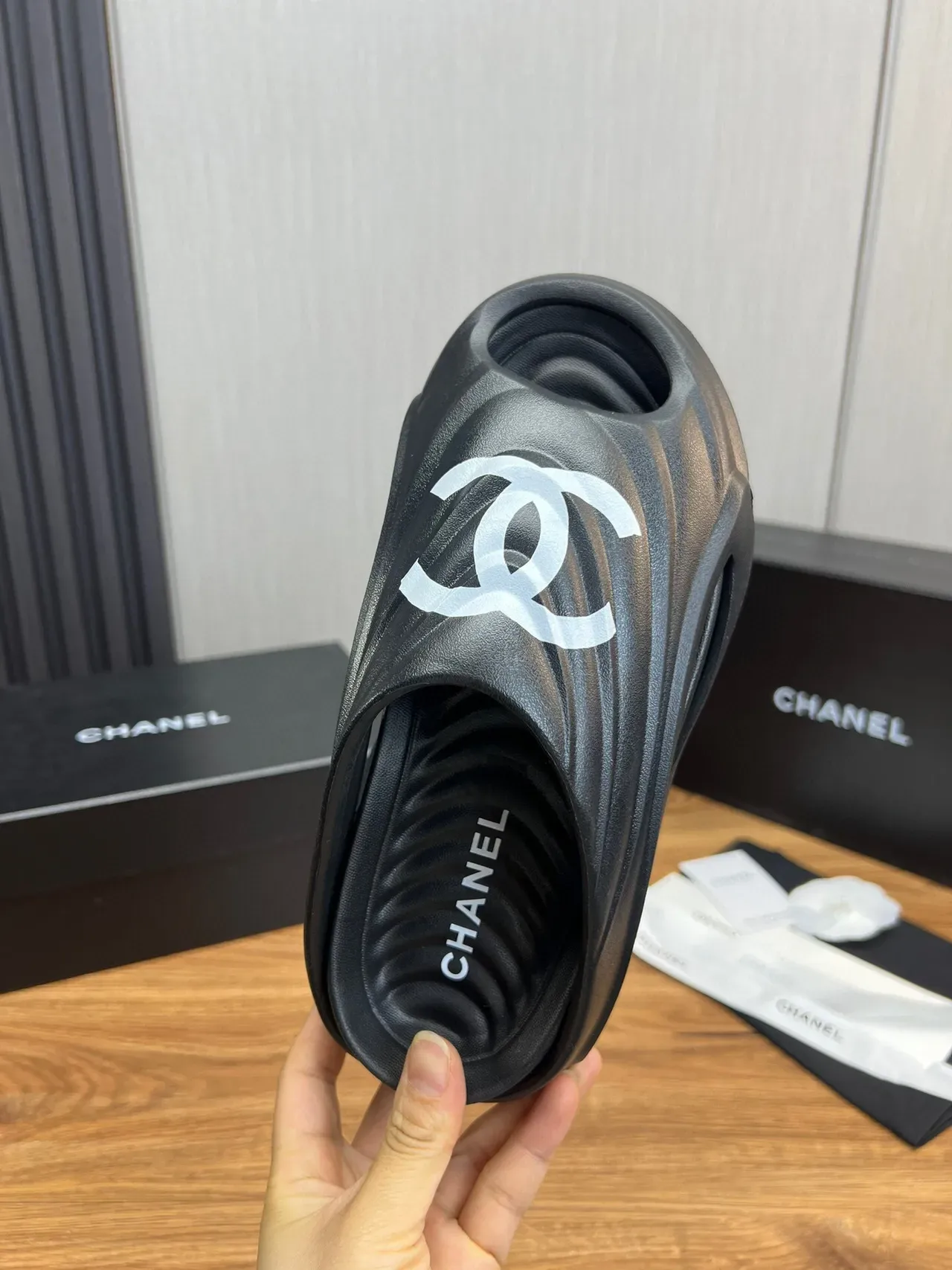 Chanel Black White Molded Rubber Logo-Accented Slippers 8