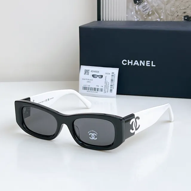 Chanel Black White Rectangular Acetate Frame Oversized Fit Sunglasses 2