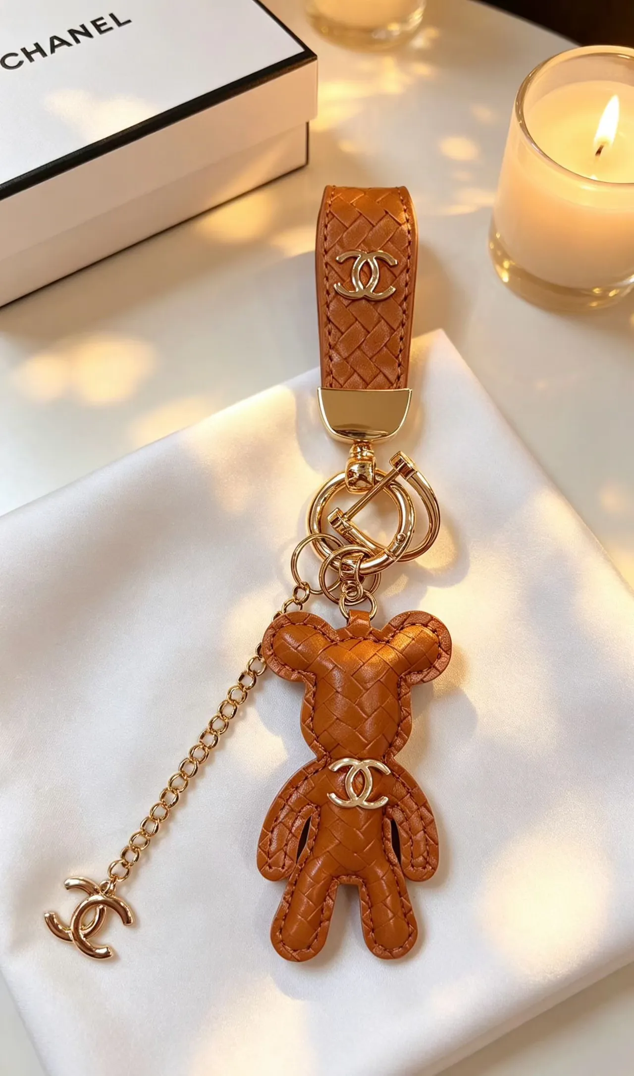 Chanel Marrom Dourado Couro Tricotado Urso Silhueta Bolsa 5