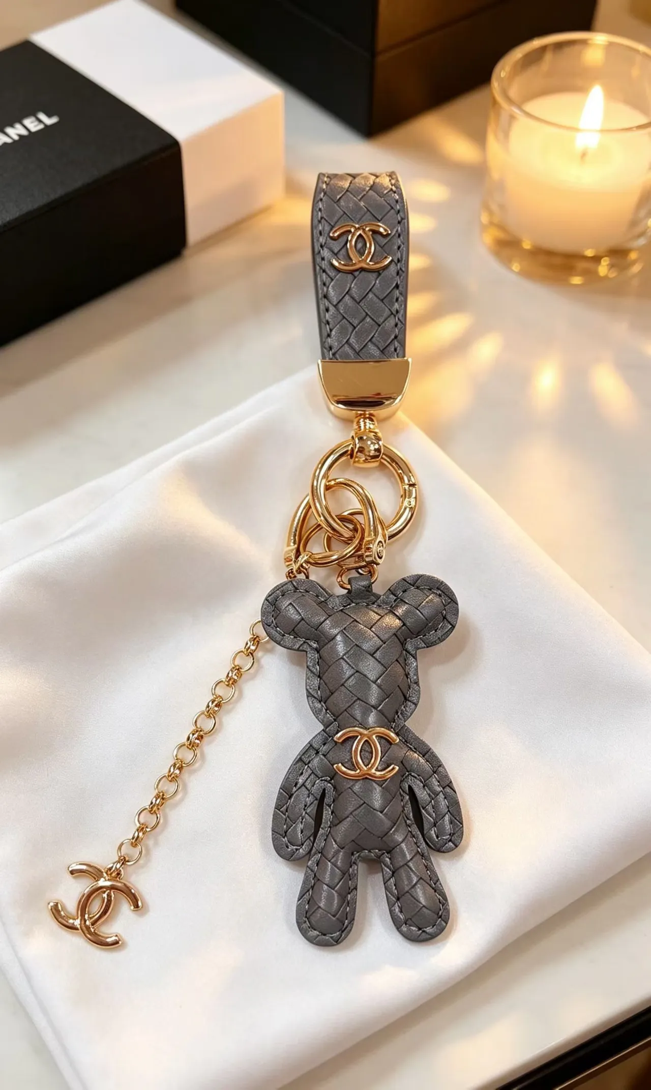 Chanel Marrom Dourado Couro Tricotado Urso Silhueta Bolsa 7