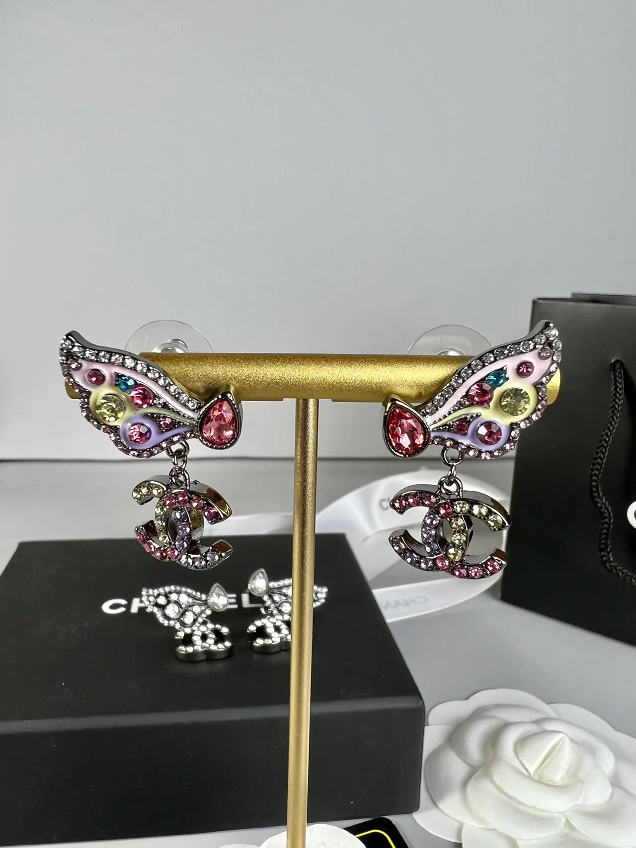 Chanel Butterfly Crystal-Embellished CC Logo Earrings 2