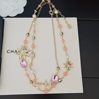 Chanel Camellia Bead Necklace Pink Gold Multi-Strand Beaded Necklace