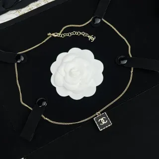 Chanel Camellia & CC Necklace Black Gold Chain Enamel Square Pendant Necklace