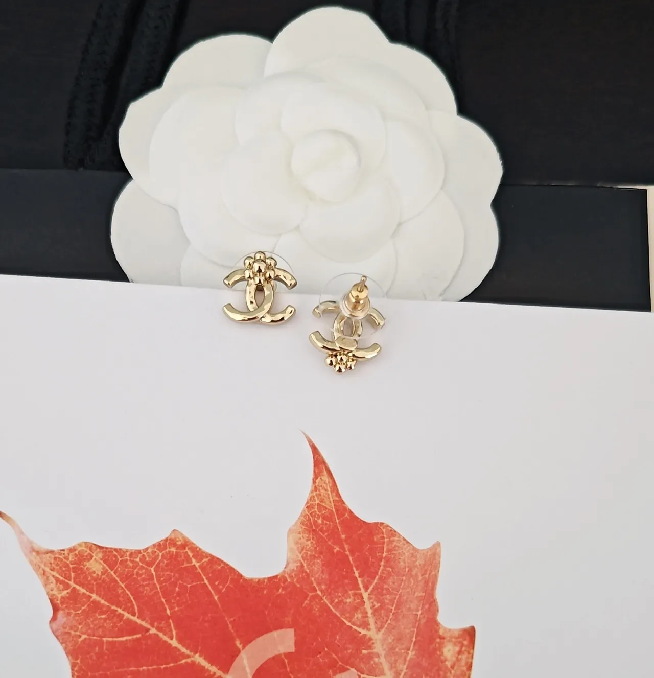 Chanel Camellia CC Stud Gold Black Metal Enamel Backing Earrings 2