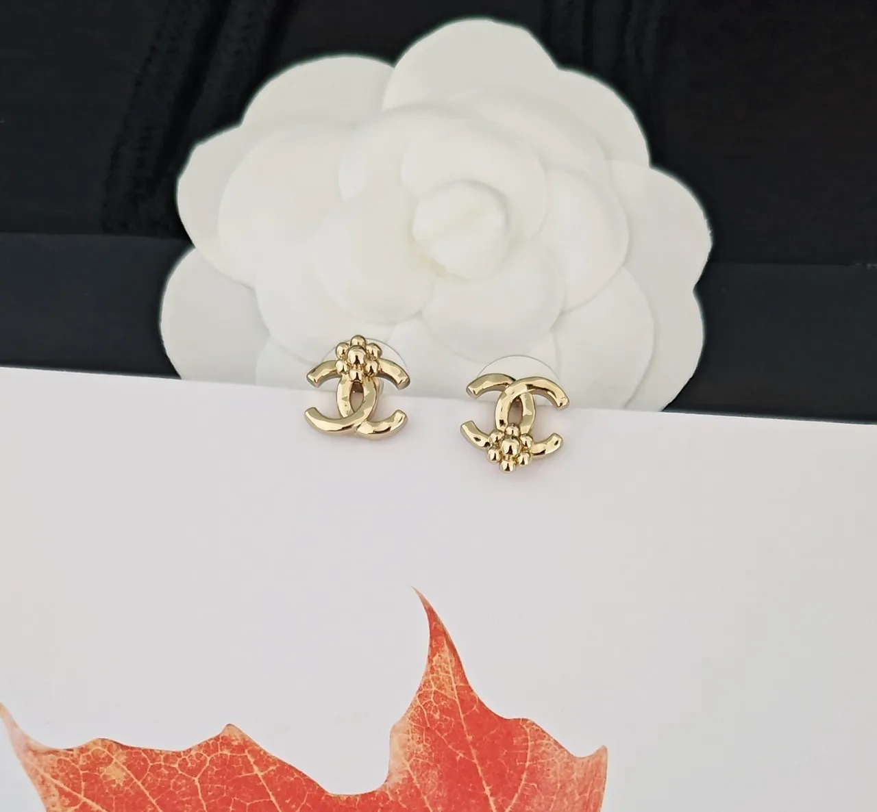 Chanel Camellia CC Stud Gold Black Metal Enamel Backing Earrings 3