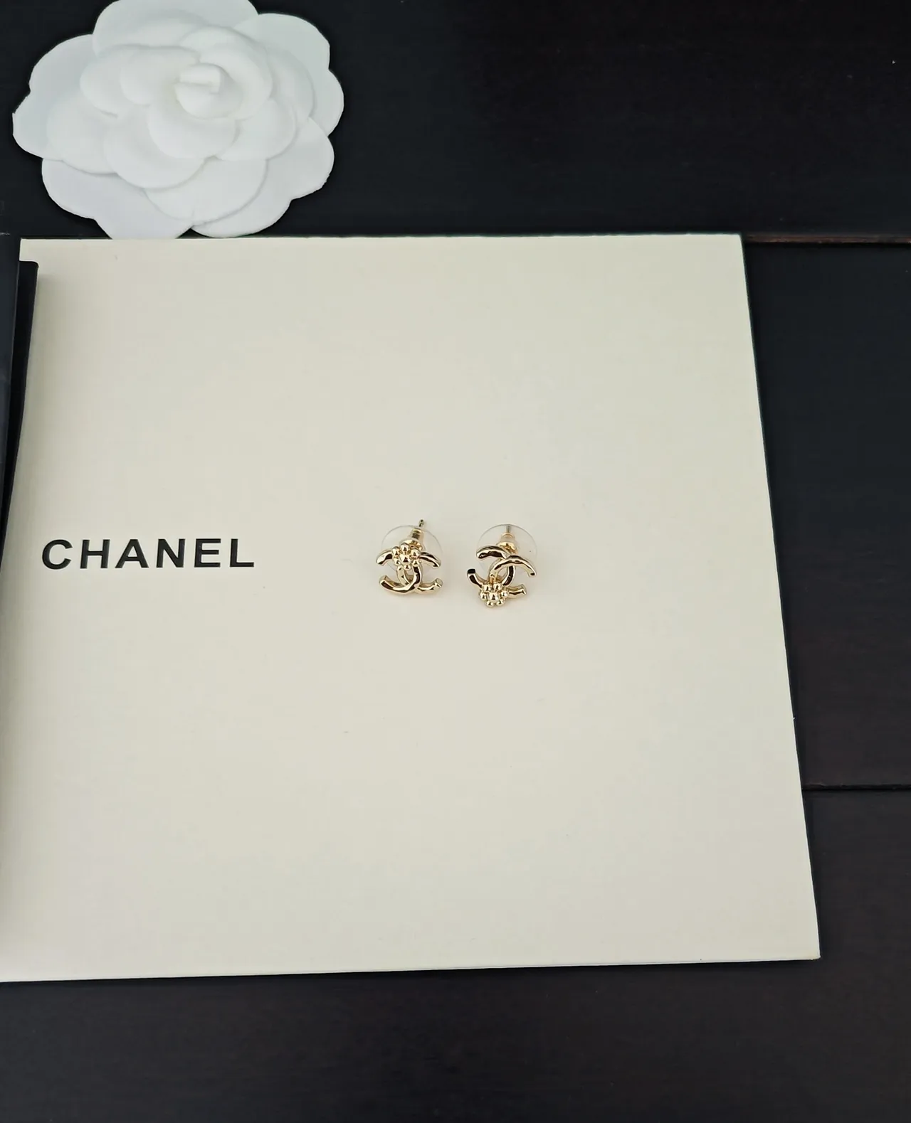 Chanel Camellia CC Stud Gold Black Metal Enamel Backing Earrings 4