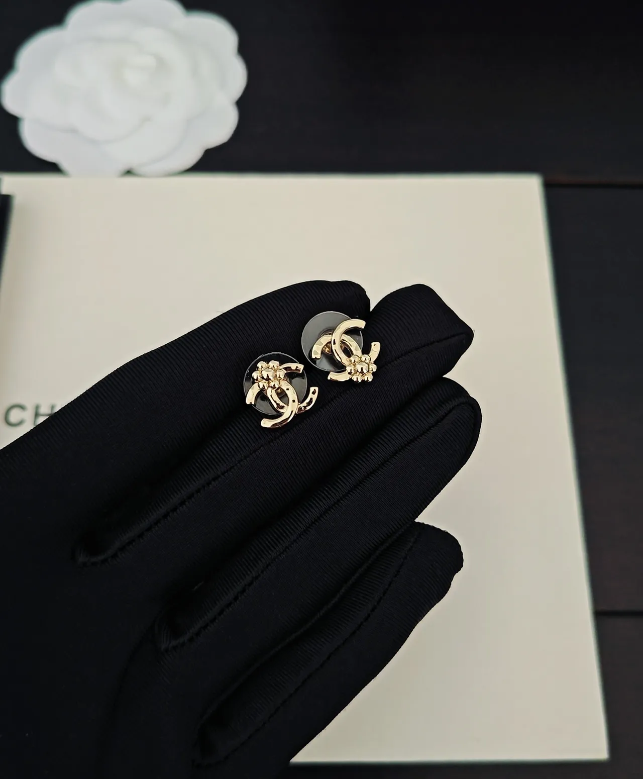Chanel Camellia CC Stud Gold Black Metal Enamel Backing Earrings 5