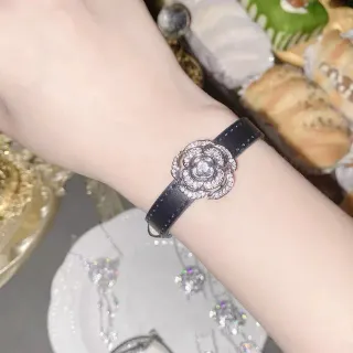 Chanel Camellia Crystal-Embellished Black Leather Bracelet