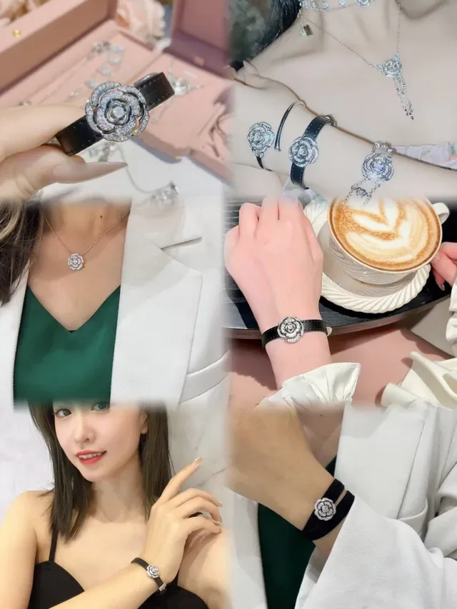Chanel Pulseira Camélia com Cristais Embellished em Couro Preto 3
