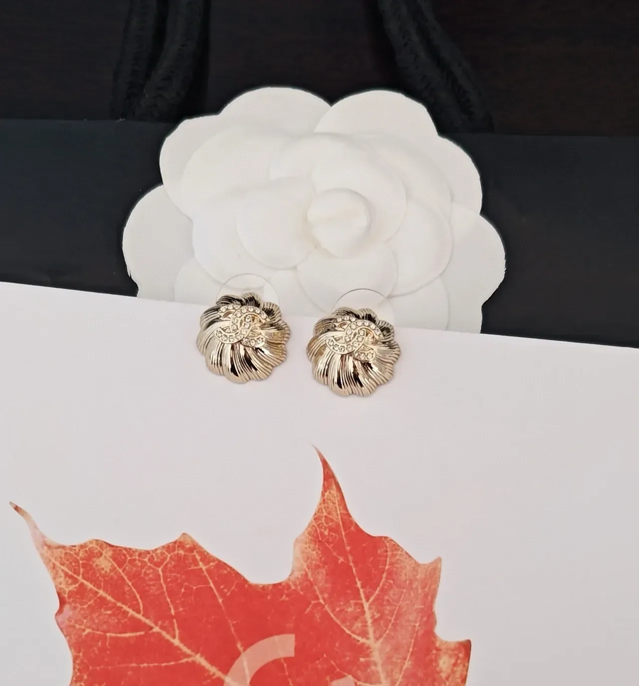 Chanel Camellia Crystal Gold-Tone Stud Earrings 2
