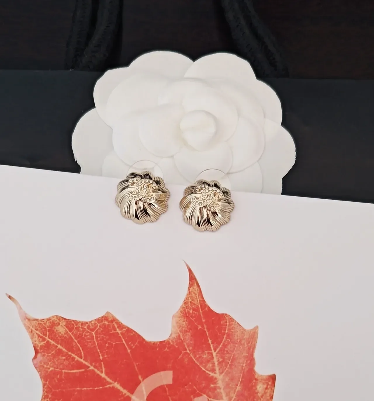 Chanel Camellia Crystal Gold-Tone Stud Earrings 4