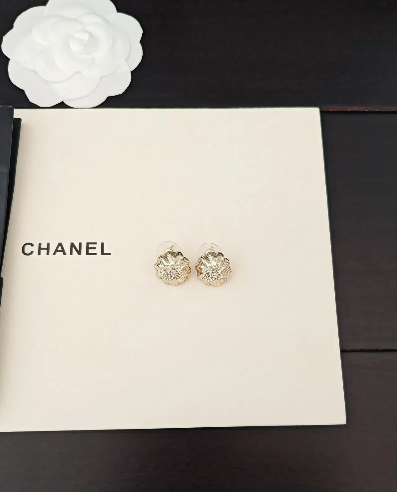 Chanel Camellia Crystal Gold-Tone Stud Earrings 5