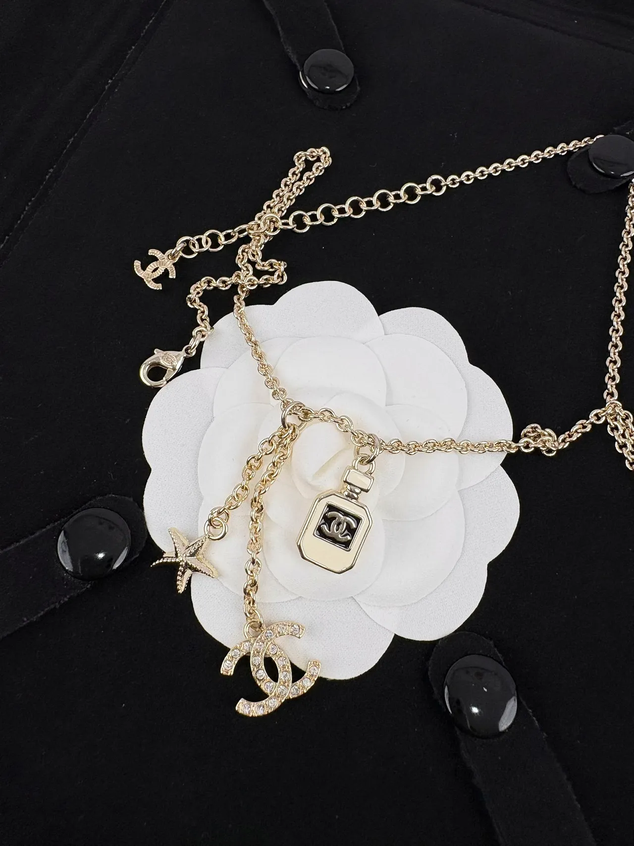 Chanel Camellia Multi-Pendant Necklace Gold White Chain Necklace 4