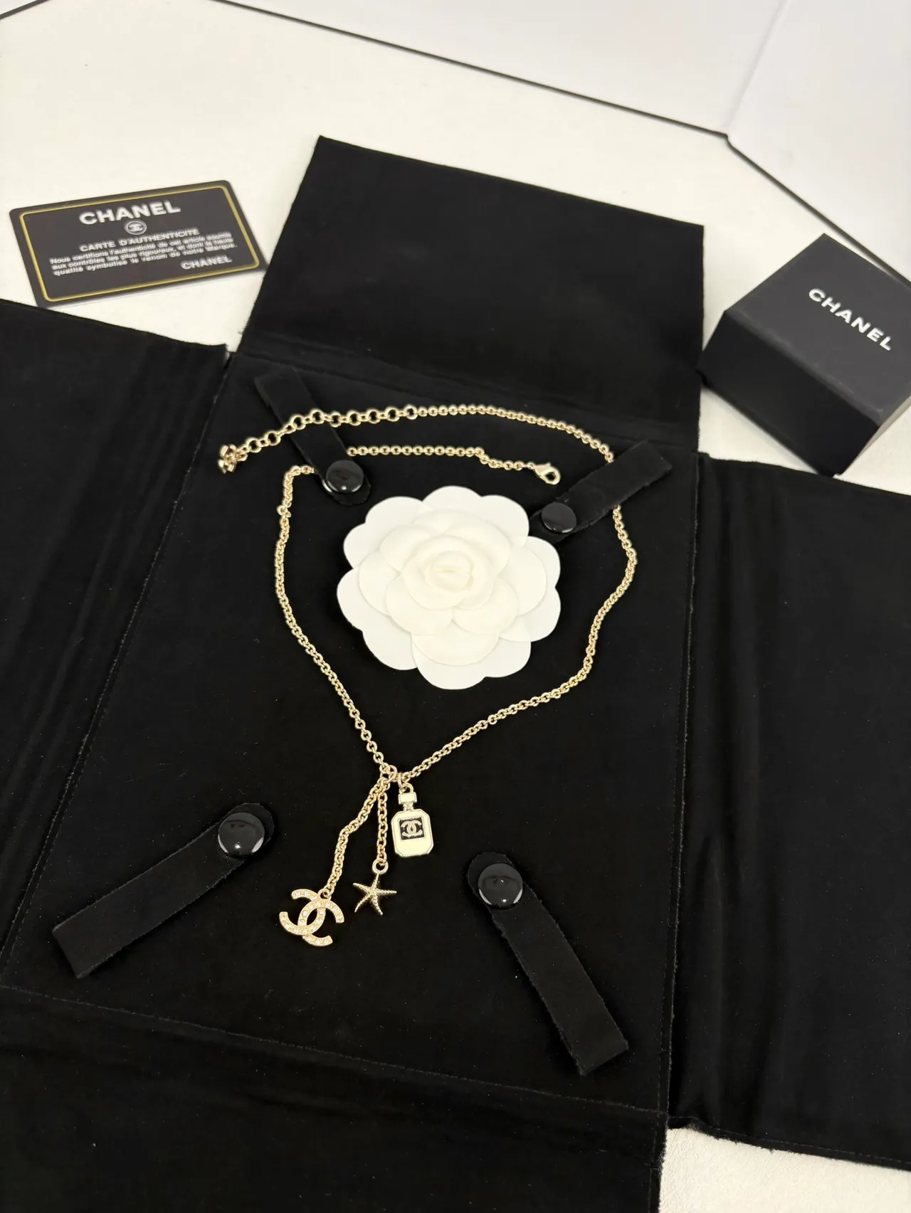 Chanel Camellia Multi-Pendant Necklace Gold White Chain Necklace 6