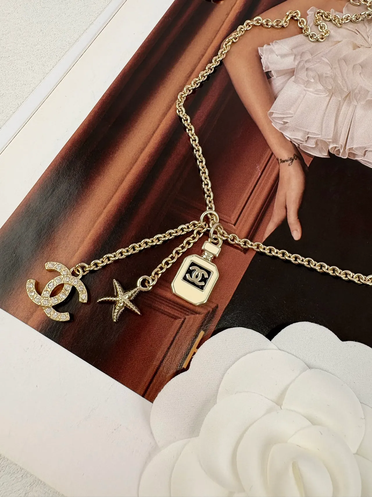 Chanel Camellia Multi-Pendant Necklace Gold White Chain Necklace 8