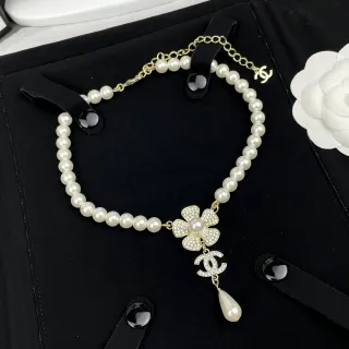 Chanel Camellia Pearl Necklace White Gold Strand Pendant Necklace