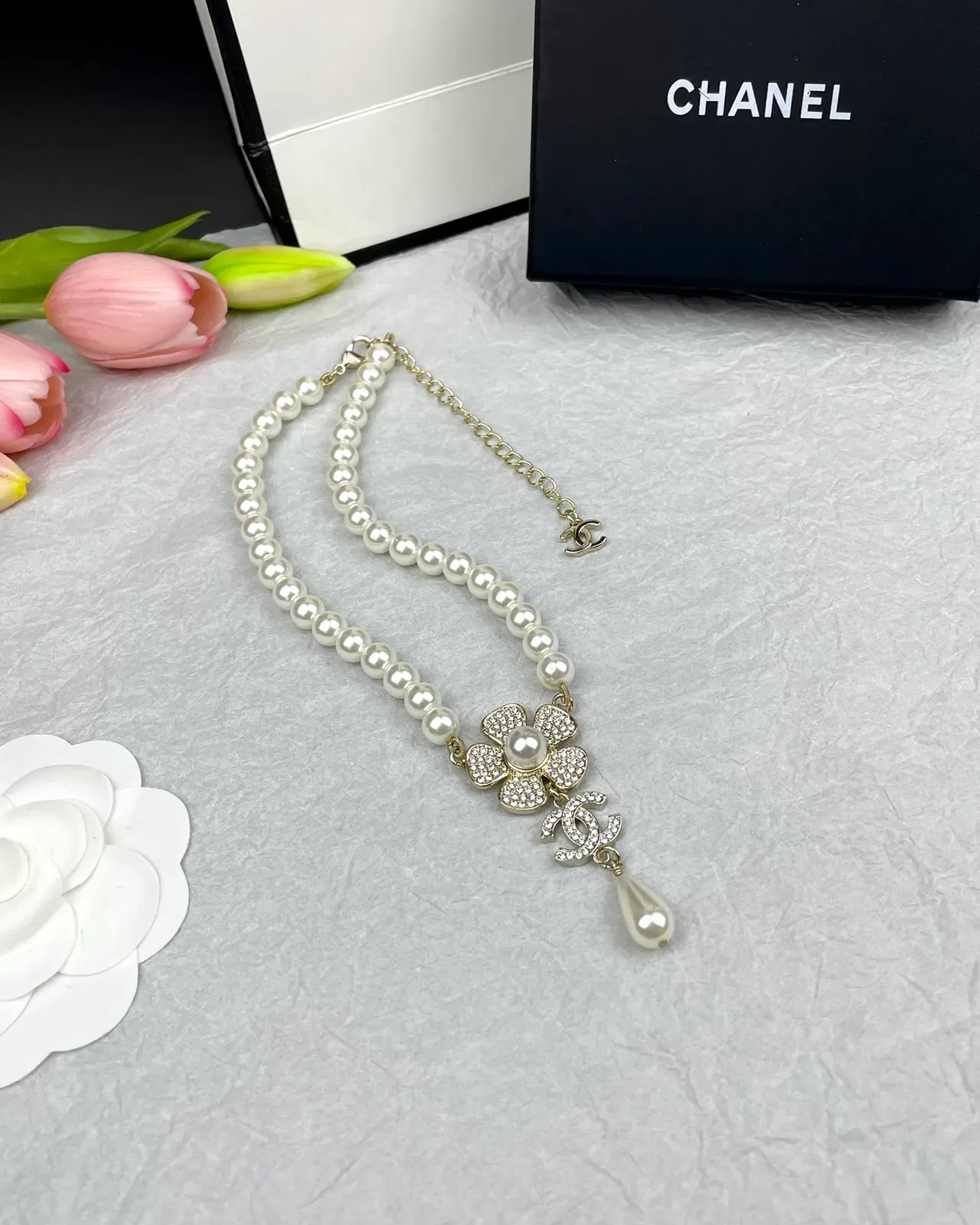 Collier Chanel Camélia Perles Or Blanc Chaîne Pendentif 3