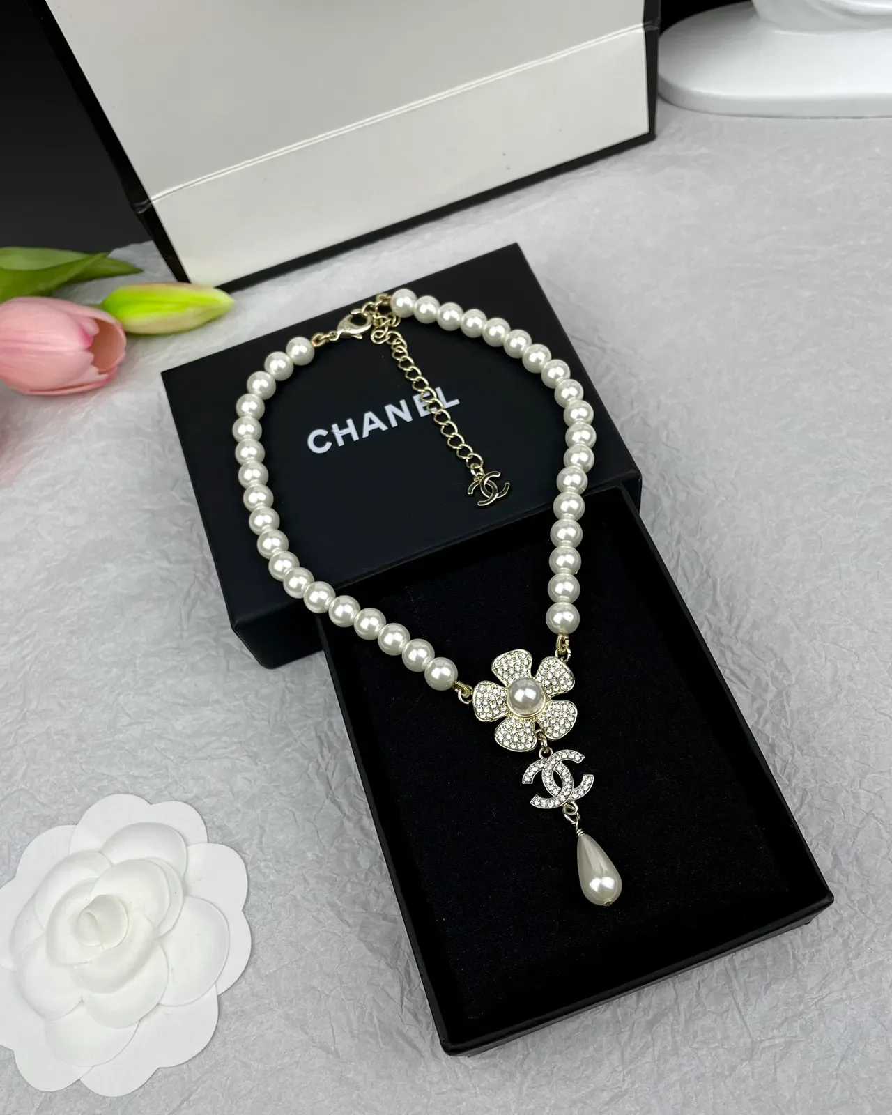 Collier Chanel Camélia Perles Or Blanc Chaîne Pendentif 4