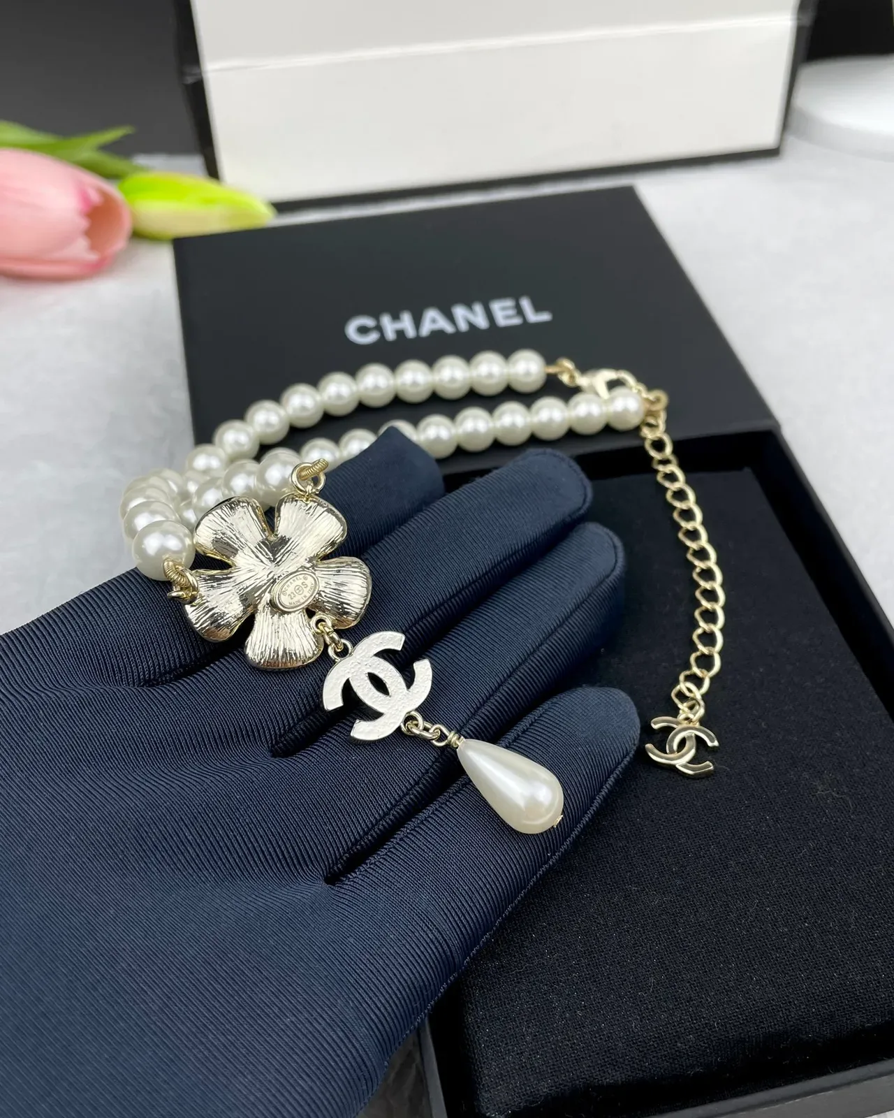 Collier Chanel Camélia Perles Or Blanc Chaîne Pendentif 6