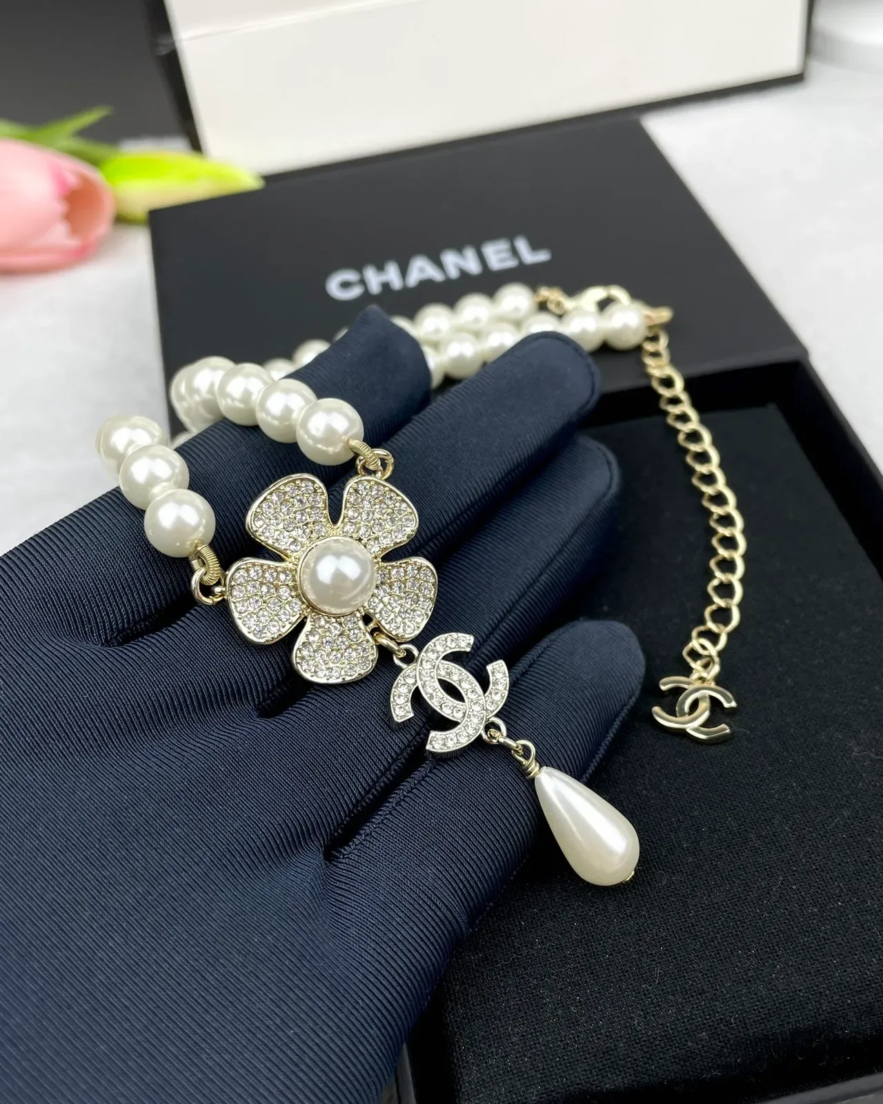 Collier Chanel Camélia Perles Or Blanc Chaîne Pendentif 7