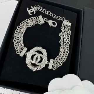 Chanel CC Camellia Crystal Multi-Chain Silver-Tone Bracelet