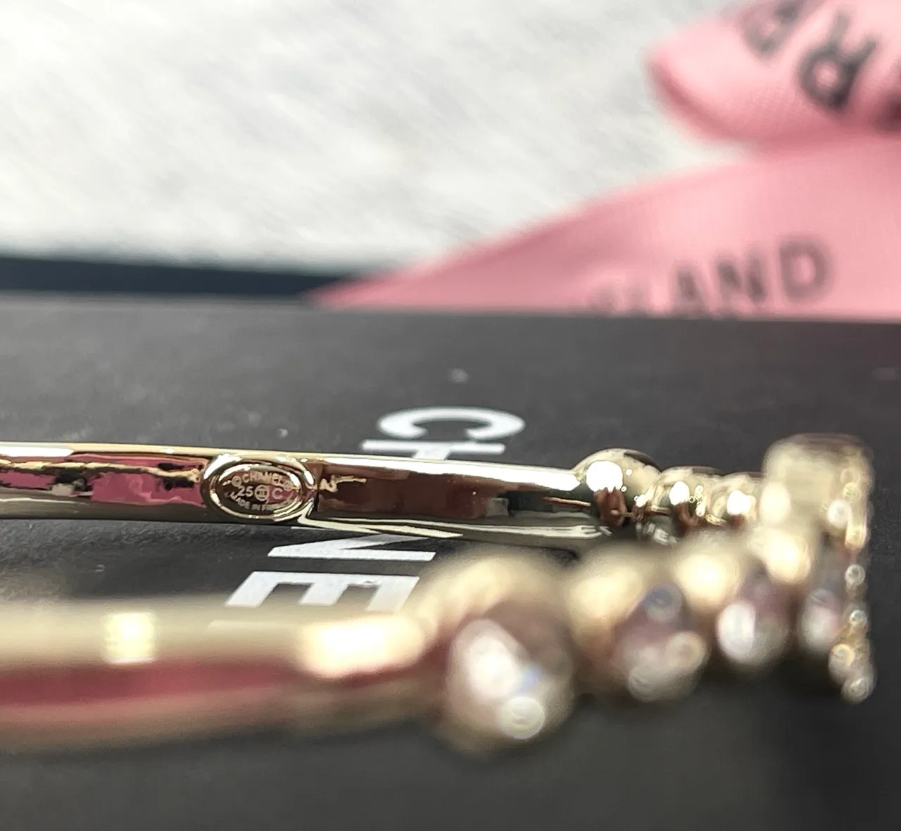 Chanel CC Crystal Cuff Gold-Tone Pink and Clear Crystal Bracelet 4